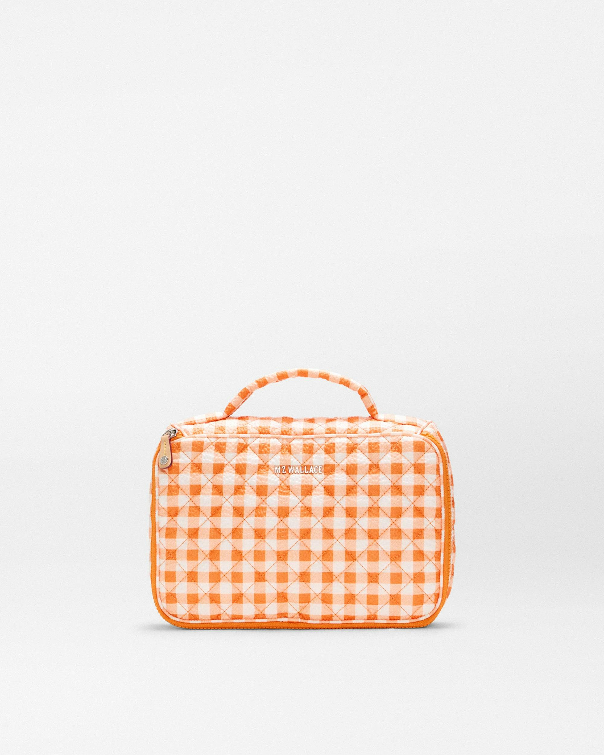 Sunset Orange Gingham Zip Round Cosmetic