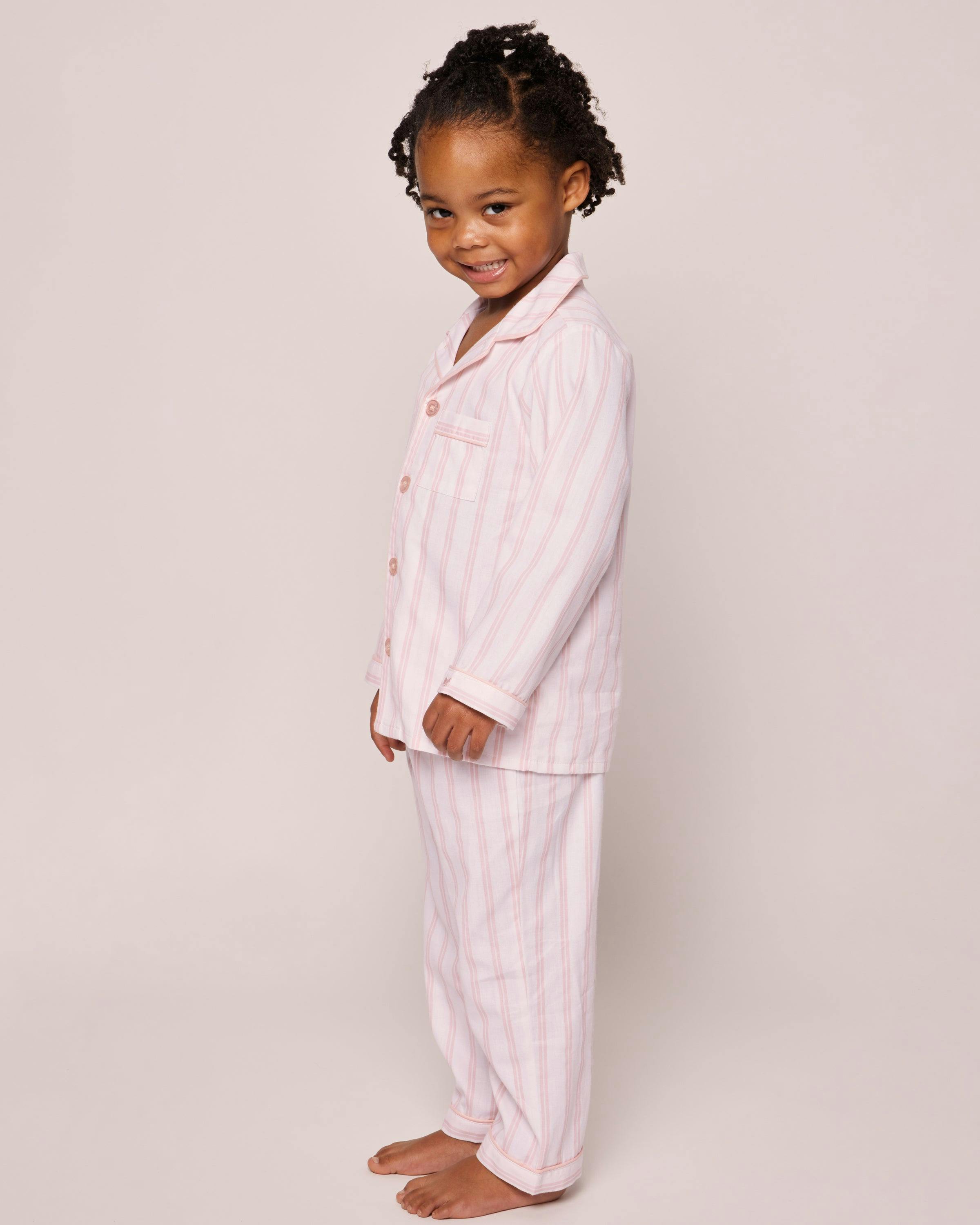 Kid's Twill Pajama Set in Pink and White Stripe