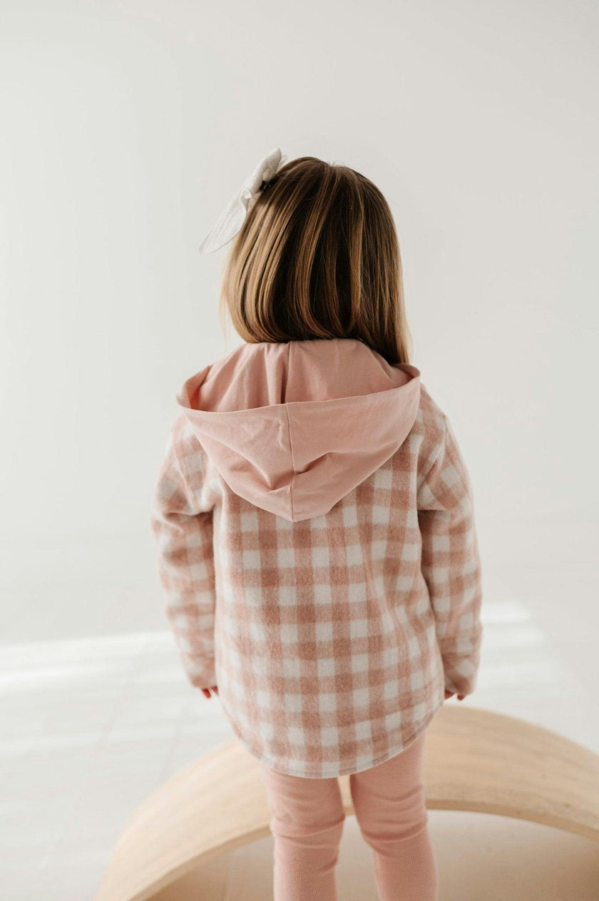 Girls Hooded Shacket in Misty Rose Plaid