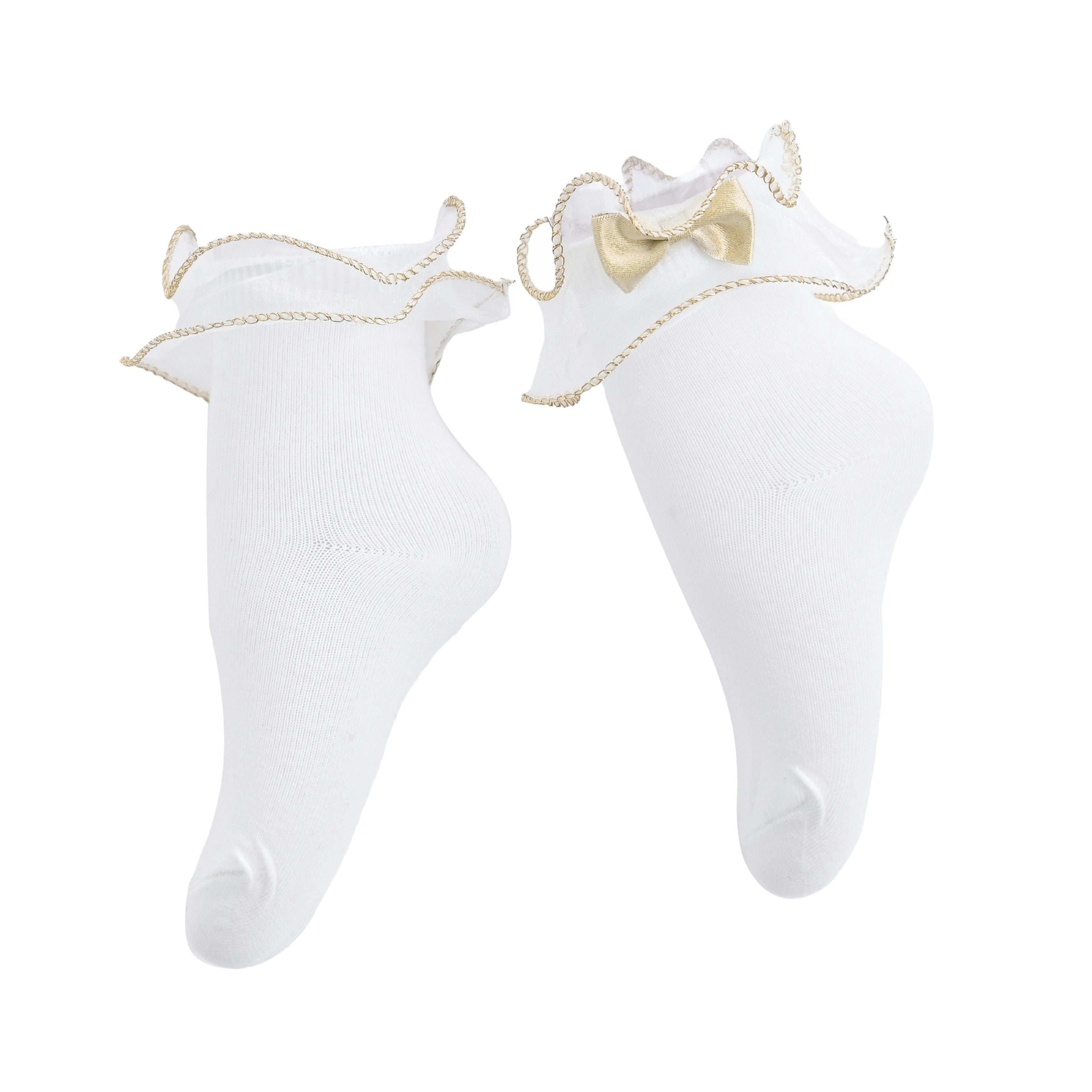 Mimi Tutu Gold-Trim Ruffle Ankle Socks with Bow – White or Black