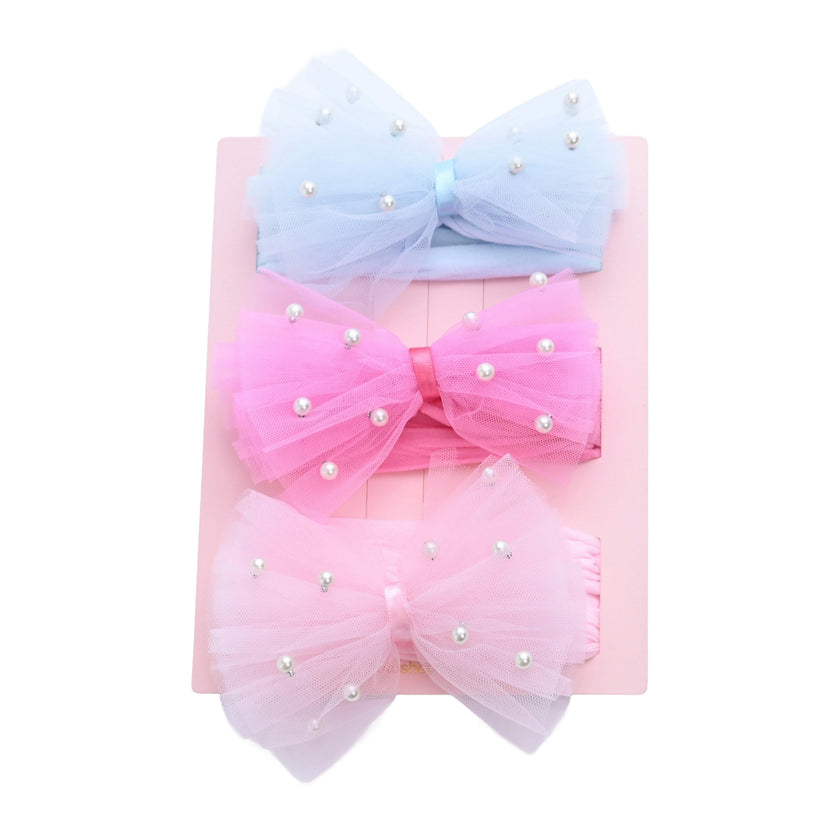 Multicolor Elastic Tulle Pearl Bow Headband Set