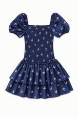 Lexi Rose Bow Navy Satin Smocked Short Sleeve Ruffle Dress