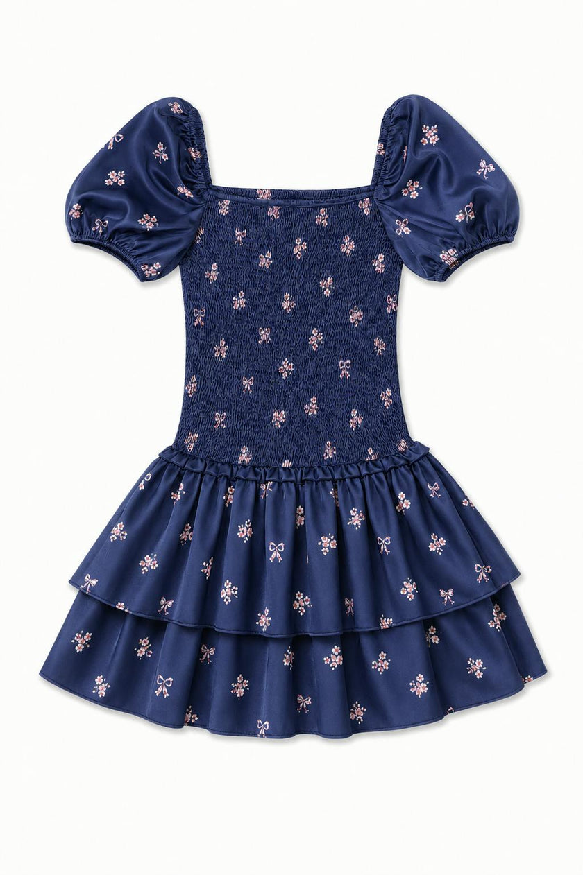 Lexi Rose Bow Navy Satin Smocked Short Sleeve Ruffle Dress