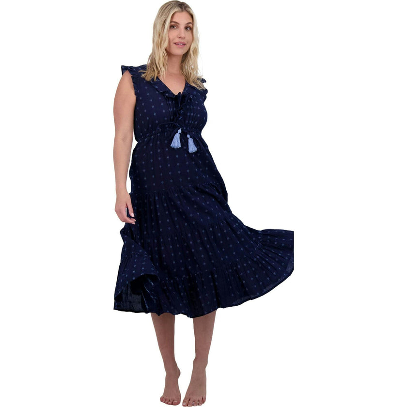 Giselle Women's Maxi Dress Navy Turquoise Ikat, Blue