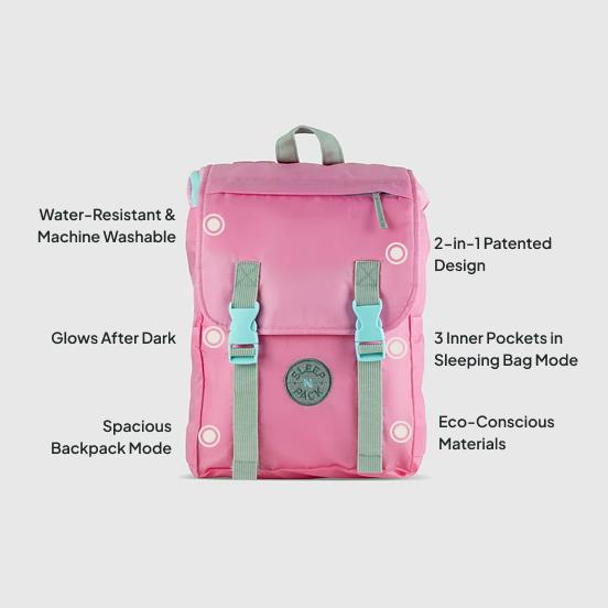 Sleep-N-Pack: Packable Sleeping Bag, Little Kid 3-6 yrs - Cosmos Pink/Glow-In-The-Dark Hearts