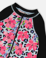One-Piece Long Sleeve Rashguard Blue Floral And Leopard Print