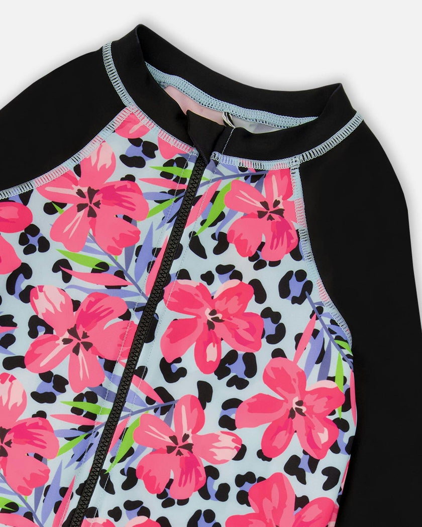 One-Piece Long Sleeve Rashguard Blue Floral And Leopard Print
