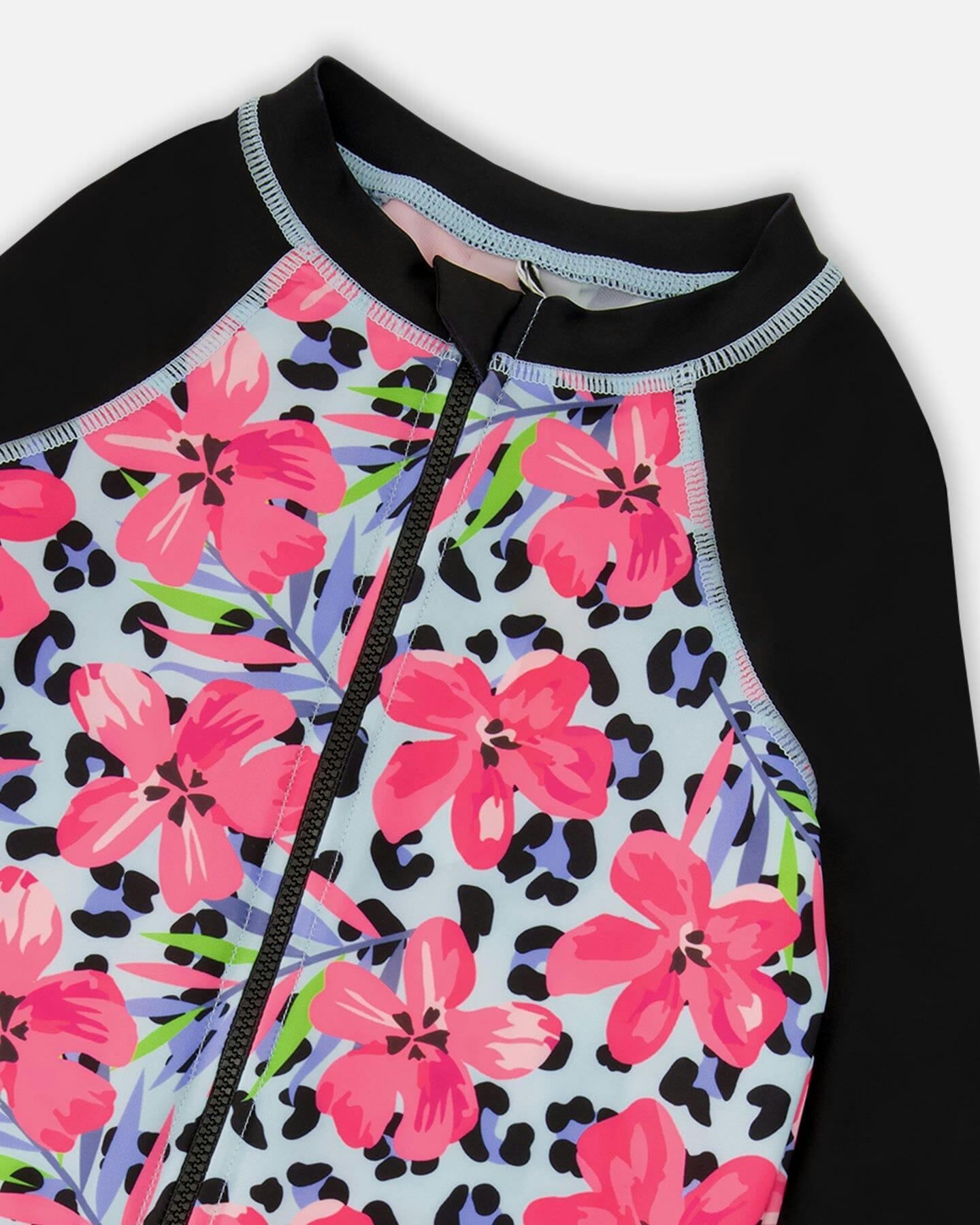 One-Piece Long Sleeve Rashguard Blue Floral And Leopard Print