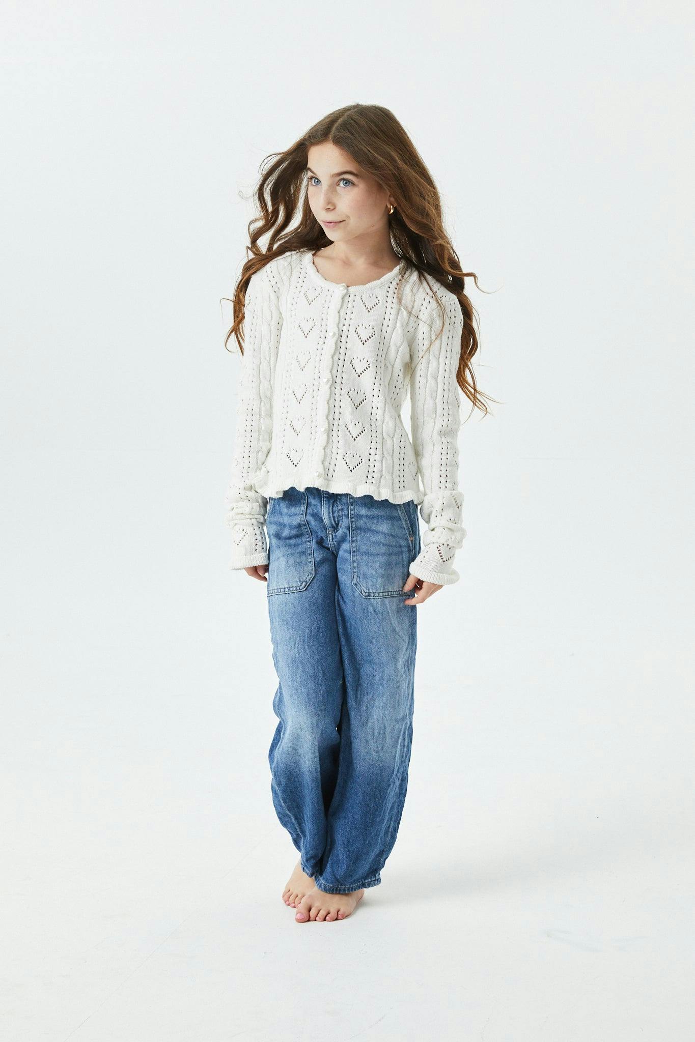 Ayla Creamy White Pointelle Knit Hearts Cardigan