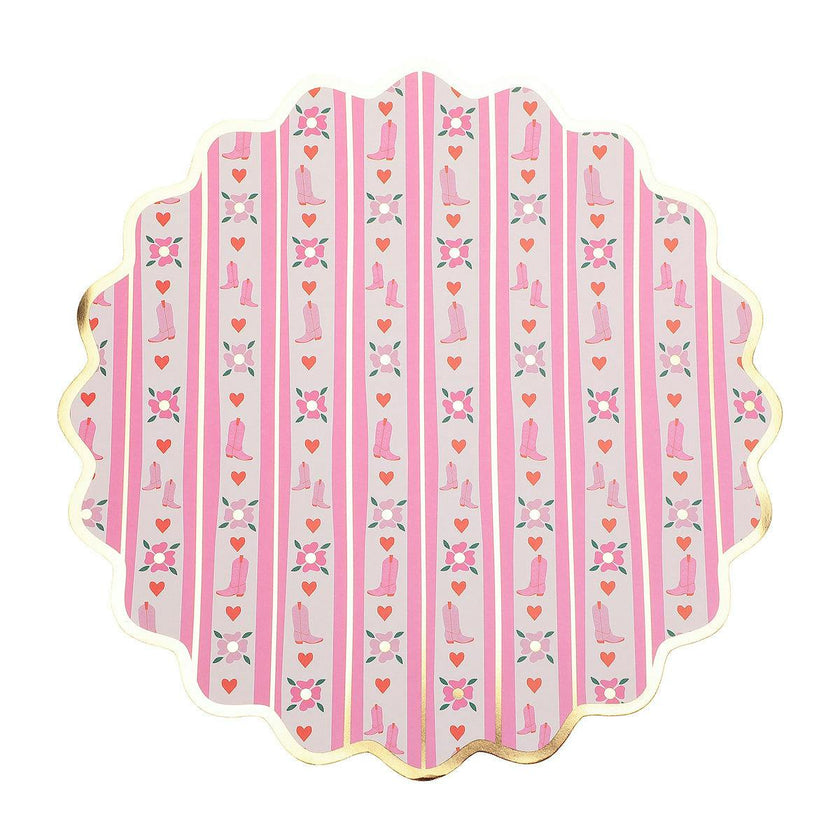 Packed Party Boot Scoot Blooms Western Round Paper Placemats 10ct - Gold Foil Pink Western Pattern 15 Inch Placemats for Western Parties