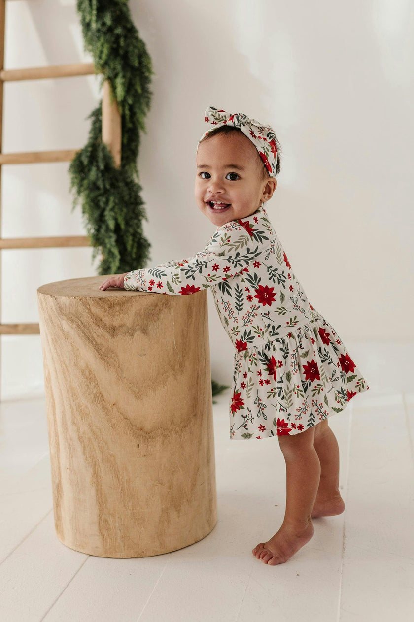 Baby Girl Long Sleeve Bodysuit Dress Set in Poinsettia