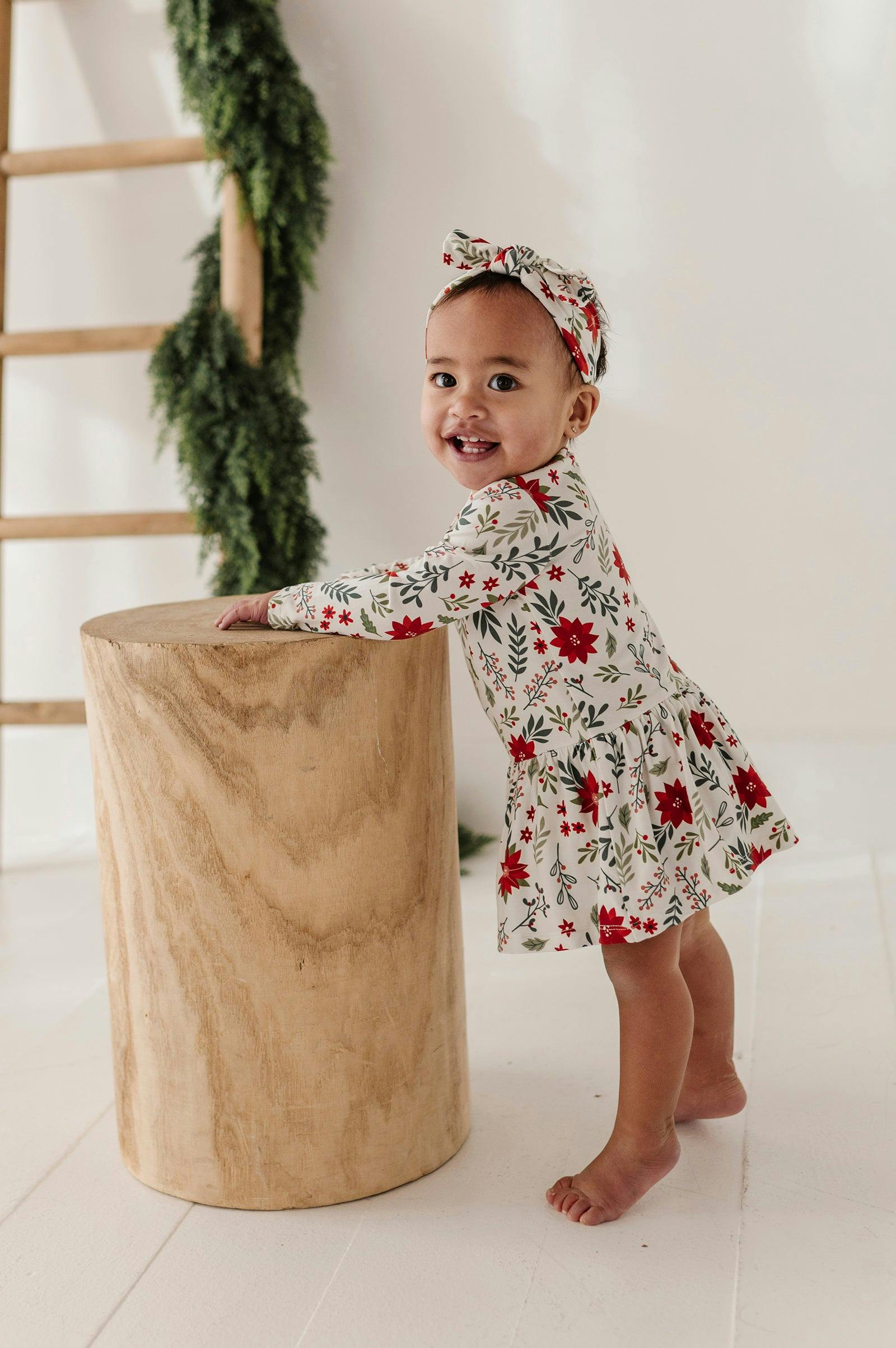 Baby Girl Long Sleeve Bodysuit Dress Set in Poinsettia