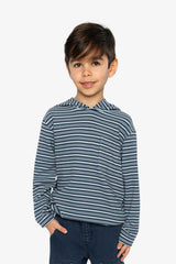 Striped Brushed Jersey Hooded T-Shirt Blue And White