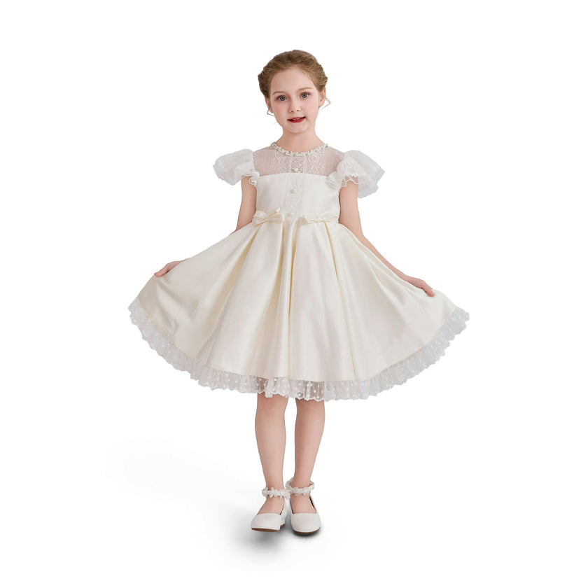 Ivory Riverelle Lace-Trim Puff Sleeve Dress