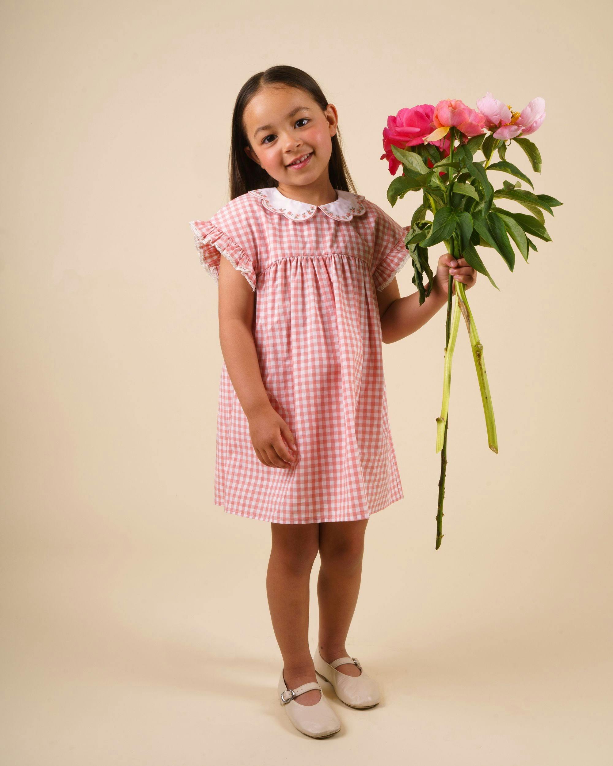Lila Cotton Gingham Check Dress - Peony