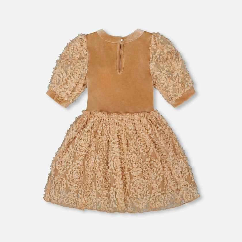 Puff Sleeve Bi-Material Velour and Lace Dress
