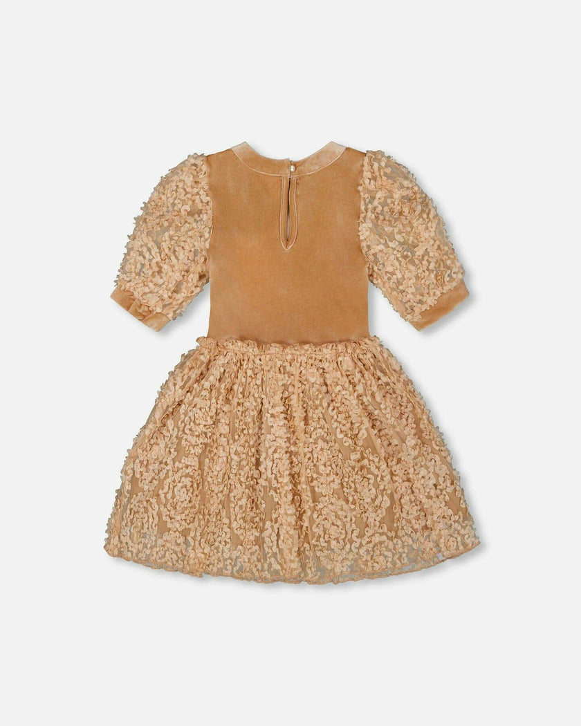 Puff Sleeve Bi-Material Velour and Lace Dress