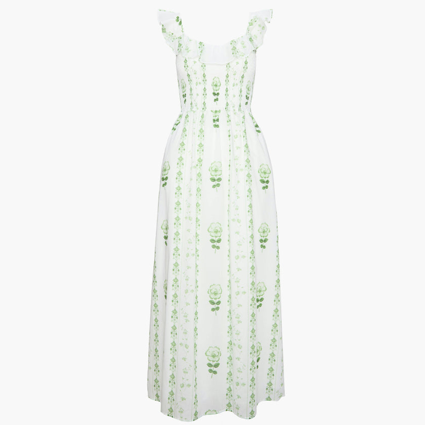 The Cambria Nap Dress - White/Green Arcadia Border