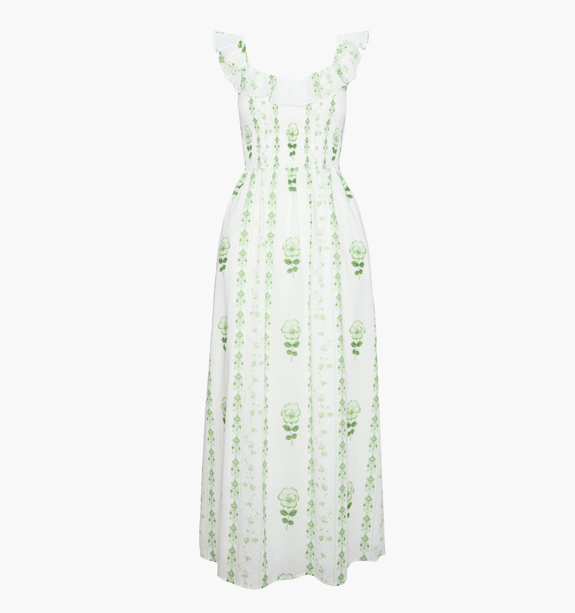 The Cambria Nap Dress - White/Green Arcadia Border