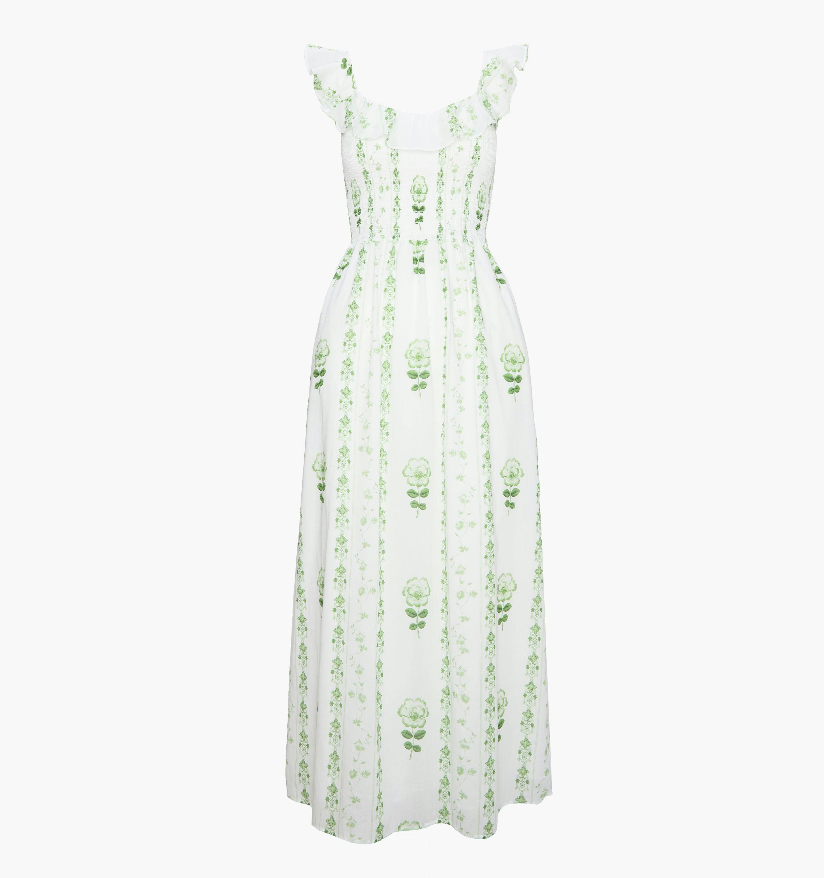 The Cambria Nap Dress - White/Green Arcadia Border
