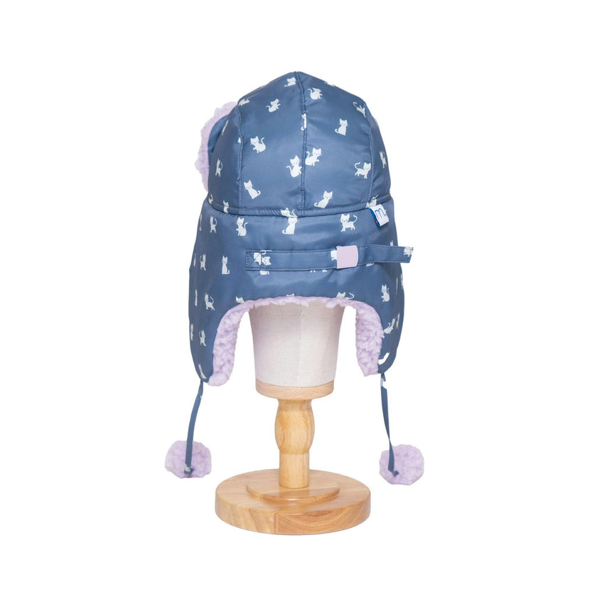 The Cozy Trapper Hat – Kittens Print with Orchid Sherpa Liner & Pompoms
