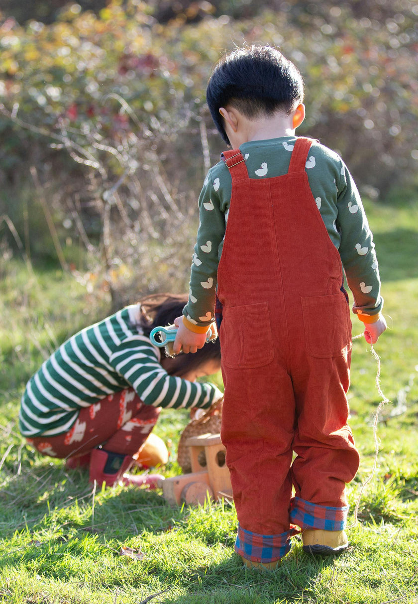 Burnt Ochre Lined Corduroy Dungarees, Red
