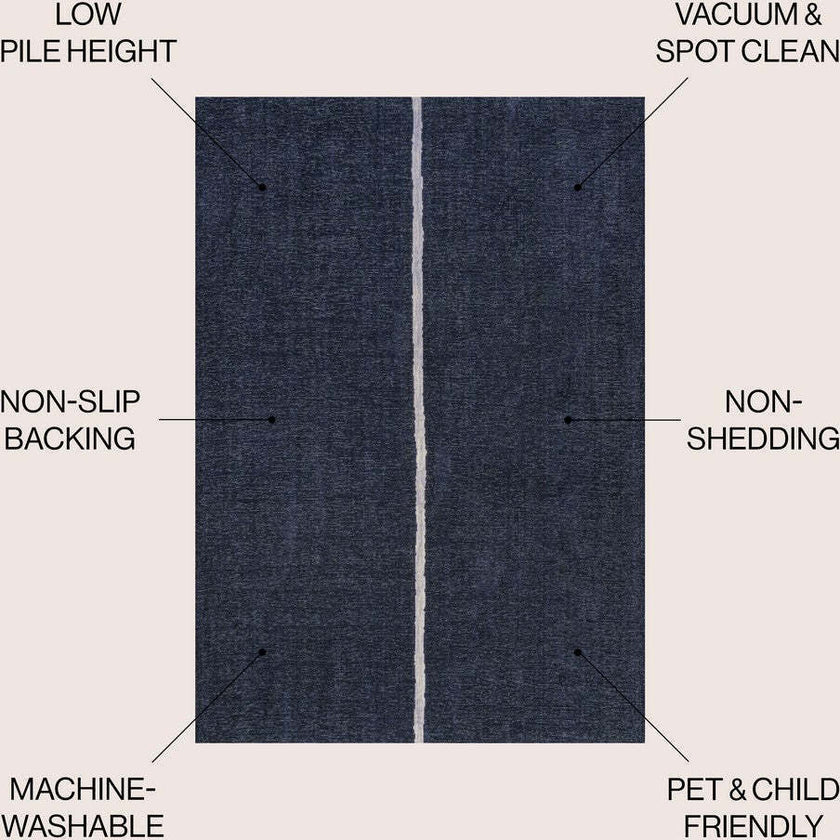 Linja Solid Centre Stripe Machine-Washable Area Rug, Navy