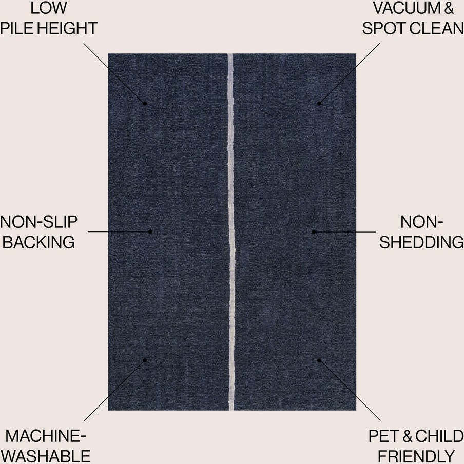 Linja Solid Centre Stripe Machine-Washable Area Rug, Navy