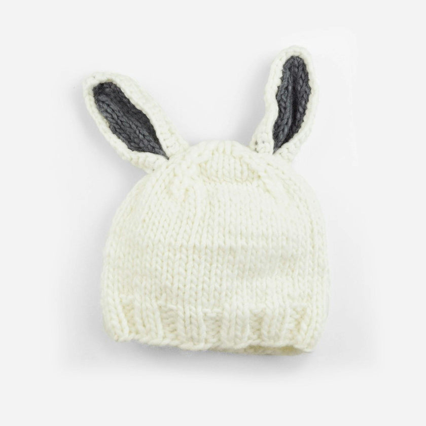 Bailey Bunny Hand-Knit Hat - White with Gray Ears