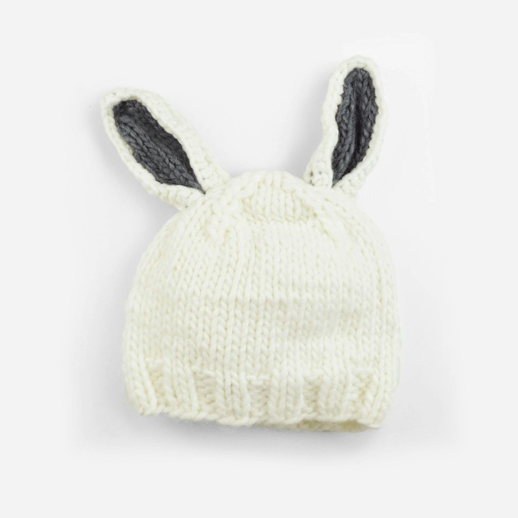 Bailey Bunny Hand-Knit Hat - White with Gray Ears