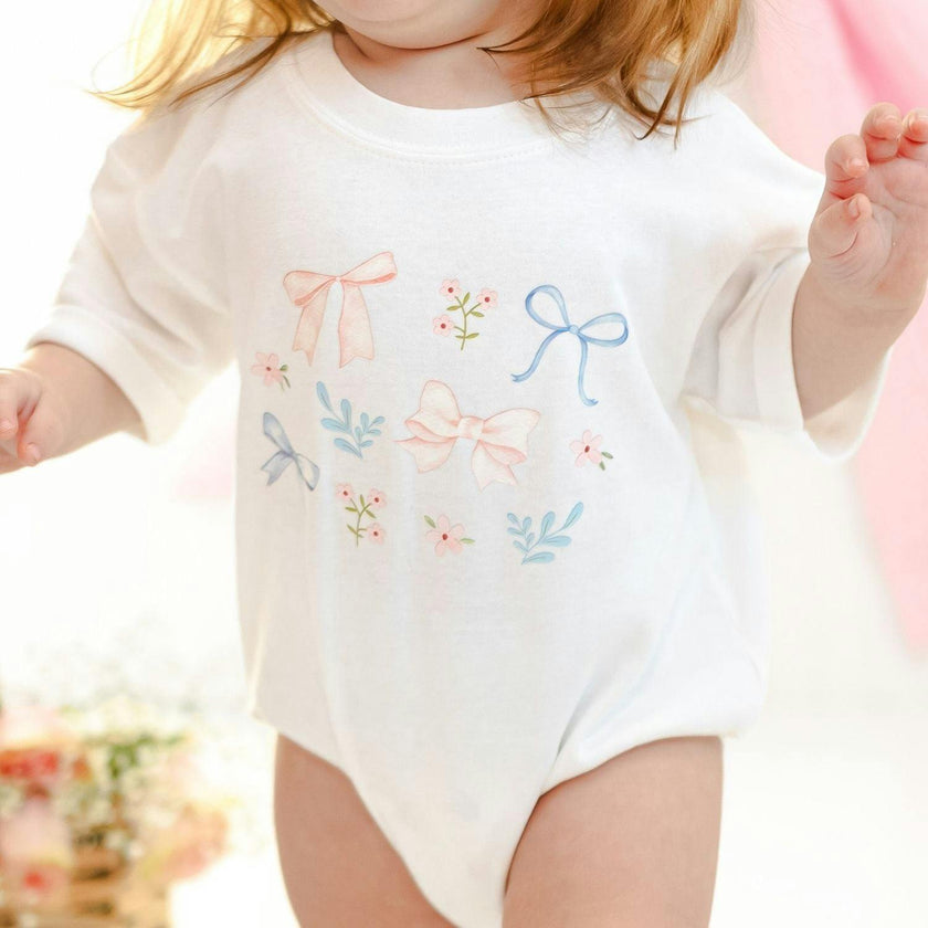 Floral & Bow Watercolor Short Sleeve Romper - White