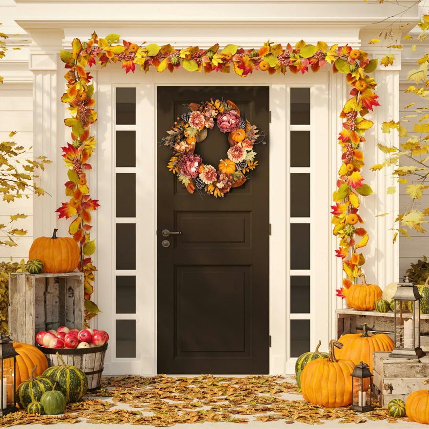 Faux 28 Inch Peony & Pumpkin Wreath with Pine Cones