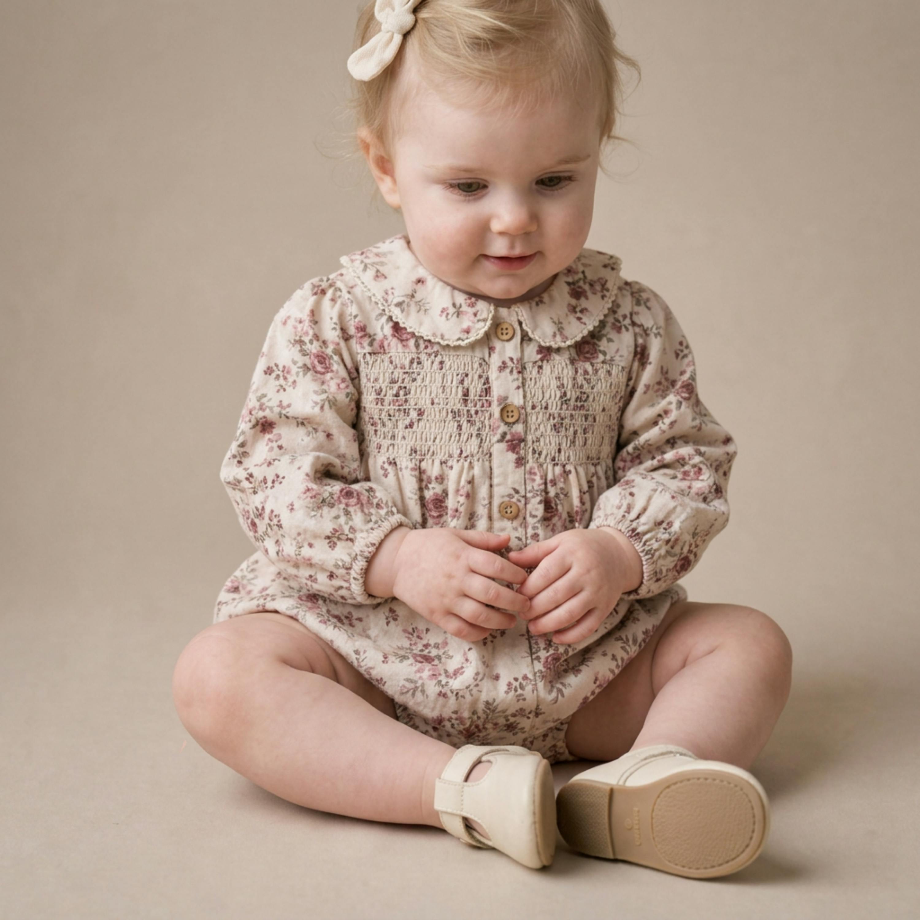 Organic Smocked Long Sleeve Bubble Romper - Wildrose