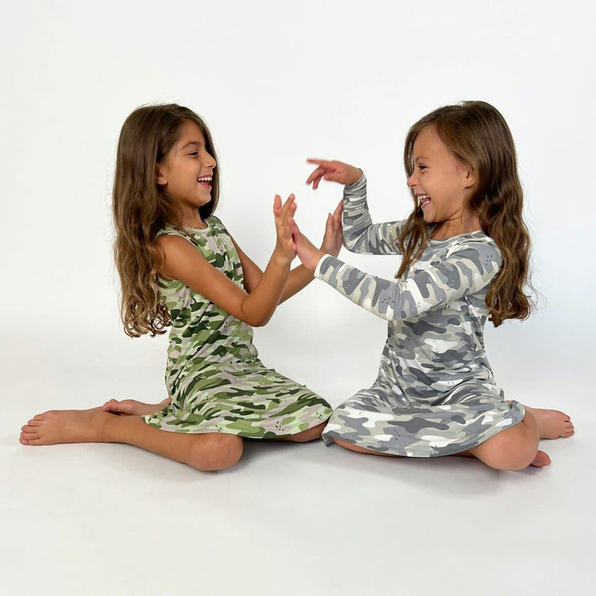 Grey Camo Bamboo Girls' Long Sleeve Dress