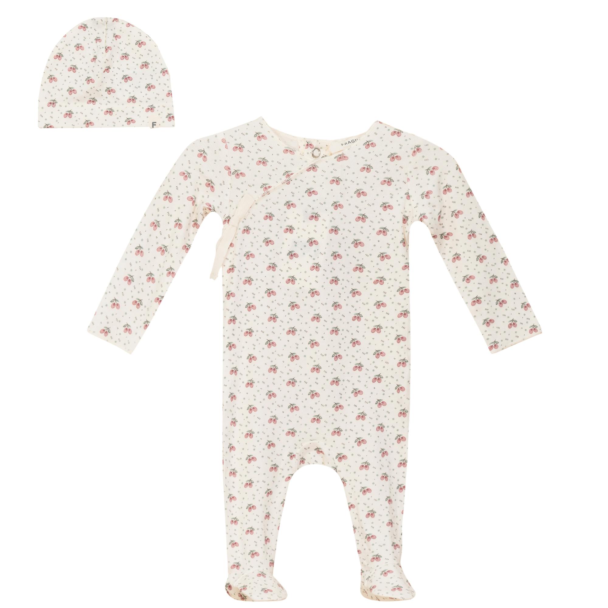 Fruit Print Ribbed Snap Front Romper and Hat Two Piece Set