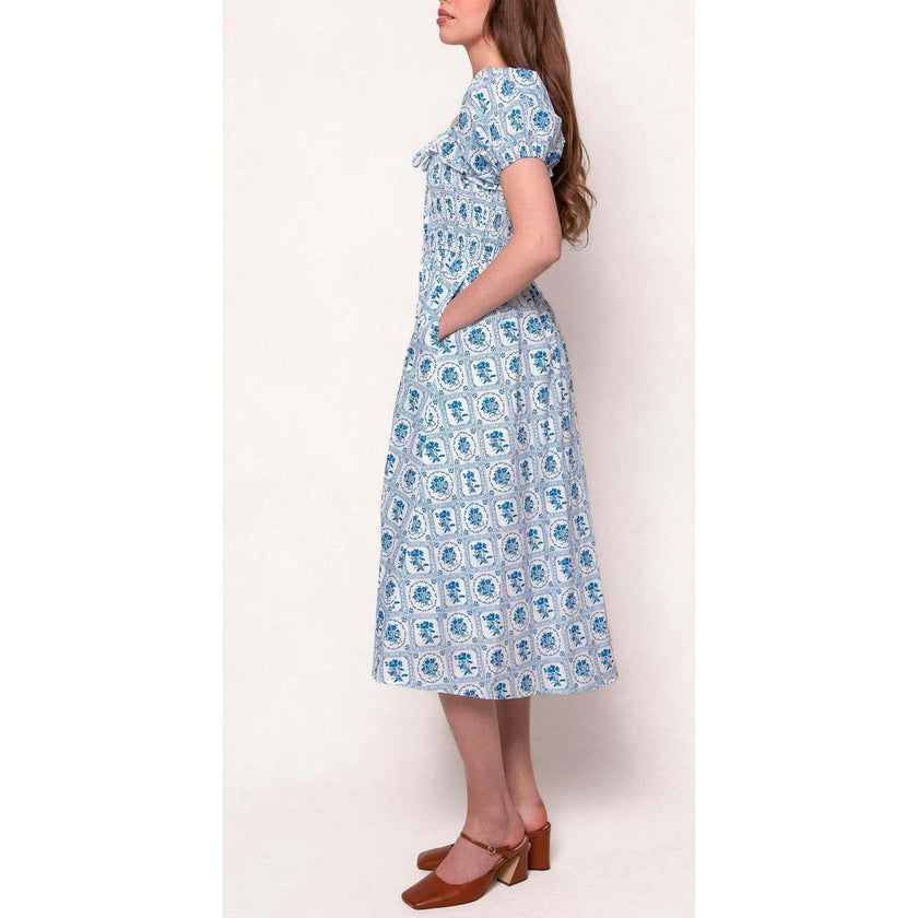 Mae Dress in Blue Floral Stamp