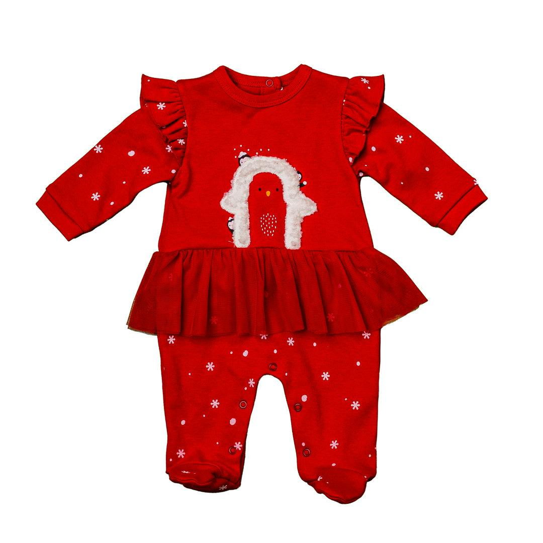Red New Year Penguin Ruffle Babysuit