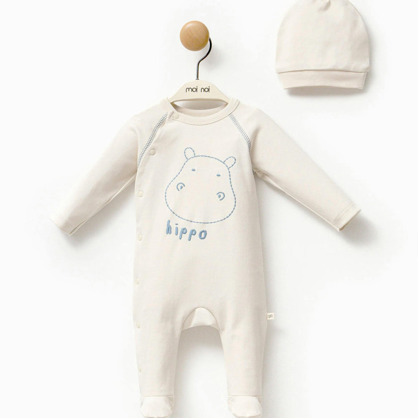 Cream Hippo Graphic Babygrow & Hat