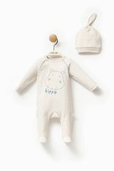 Cream Hippo Graphic Babygrow & Hat