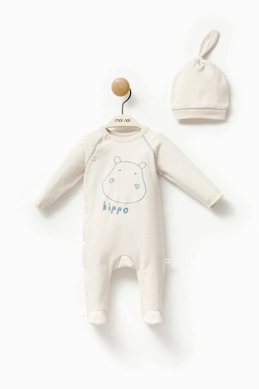 Cream Hippo Graphic Babygrow & Hat