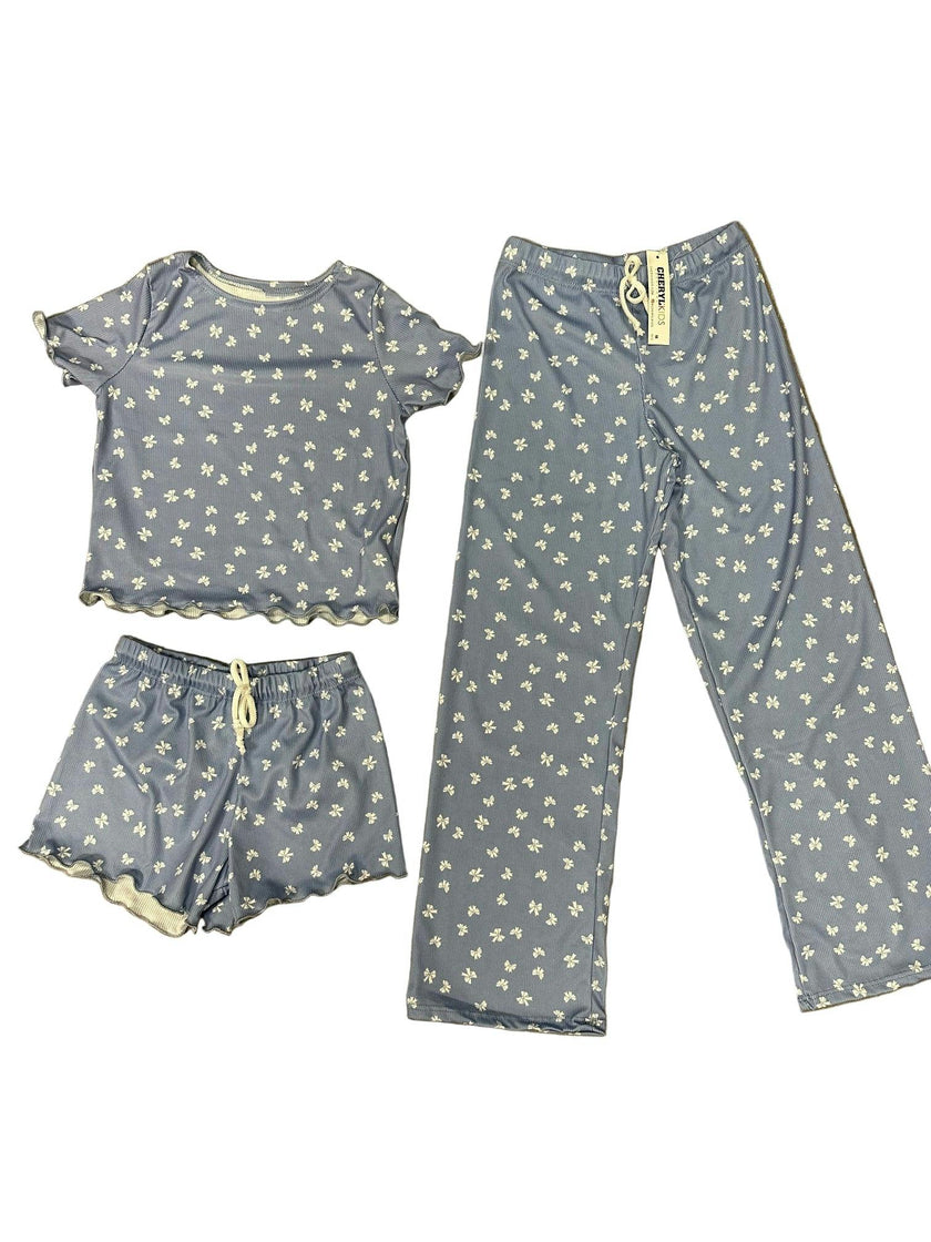 Girls Printed Lounge 3 Pc Short Sleeve Top Pants and Shorts Set