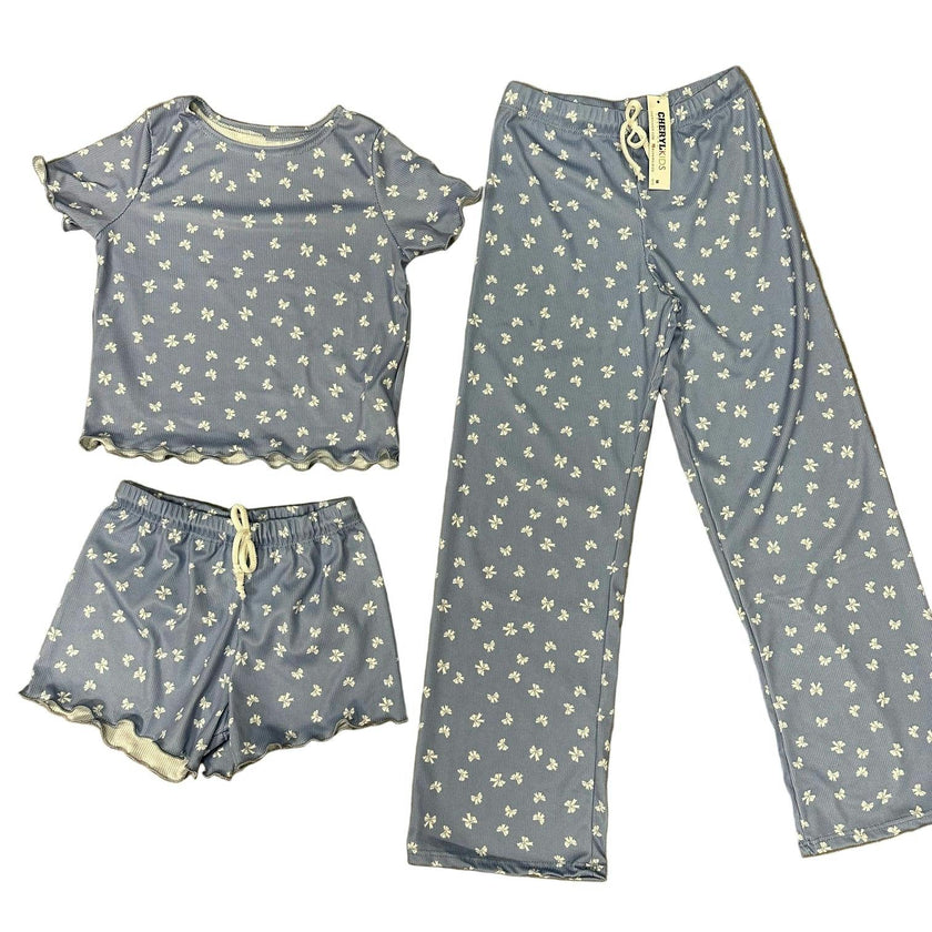 Girls Printed Lounge 3 Pc Short Sleeve Top Pants and Shorts Set
