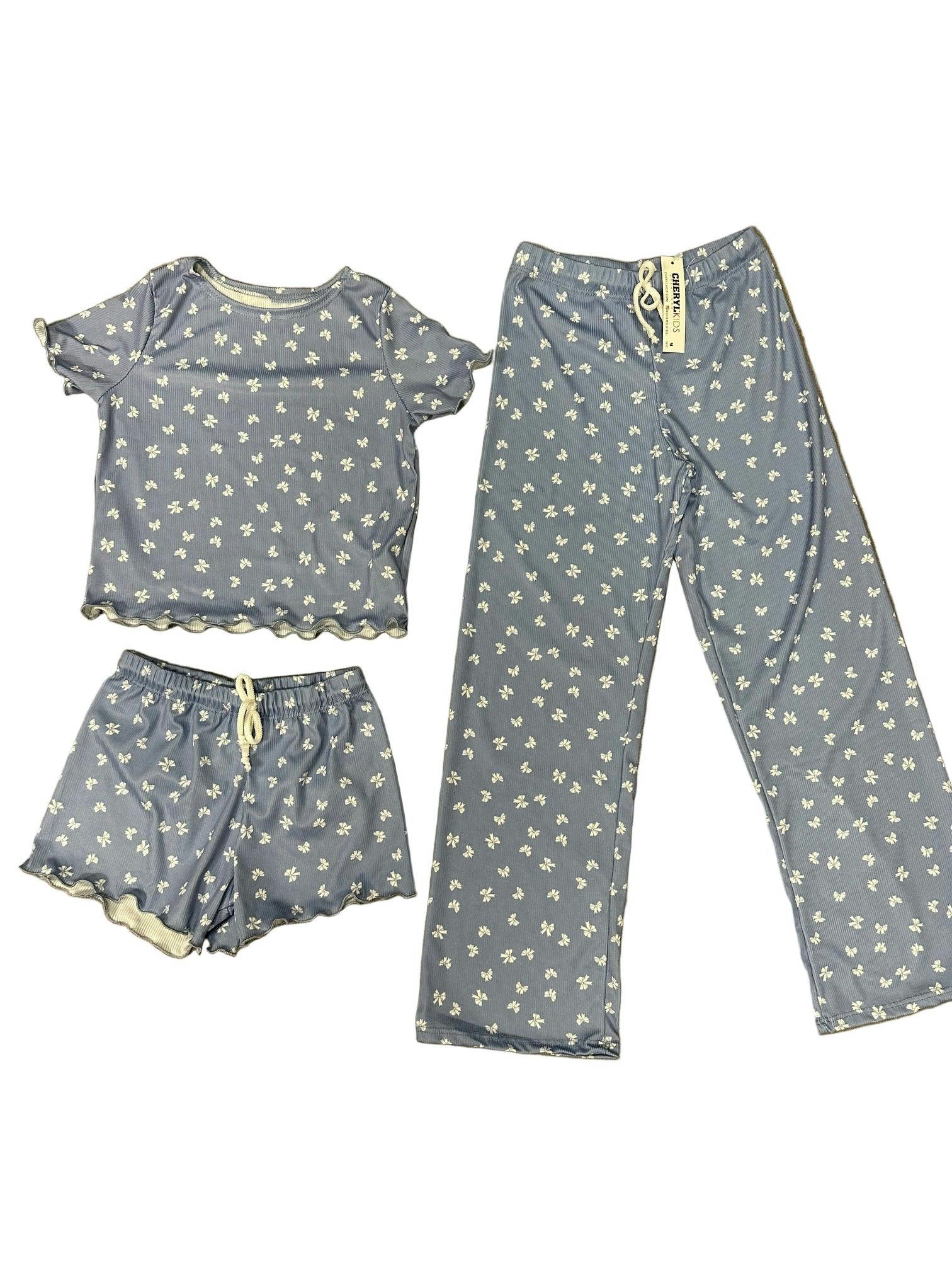 Girls Printed Lounge 3 Pc Short Sleeve Top Pants and Shorts Set