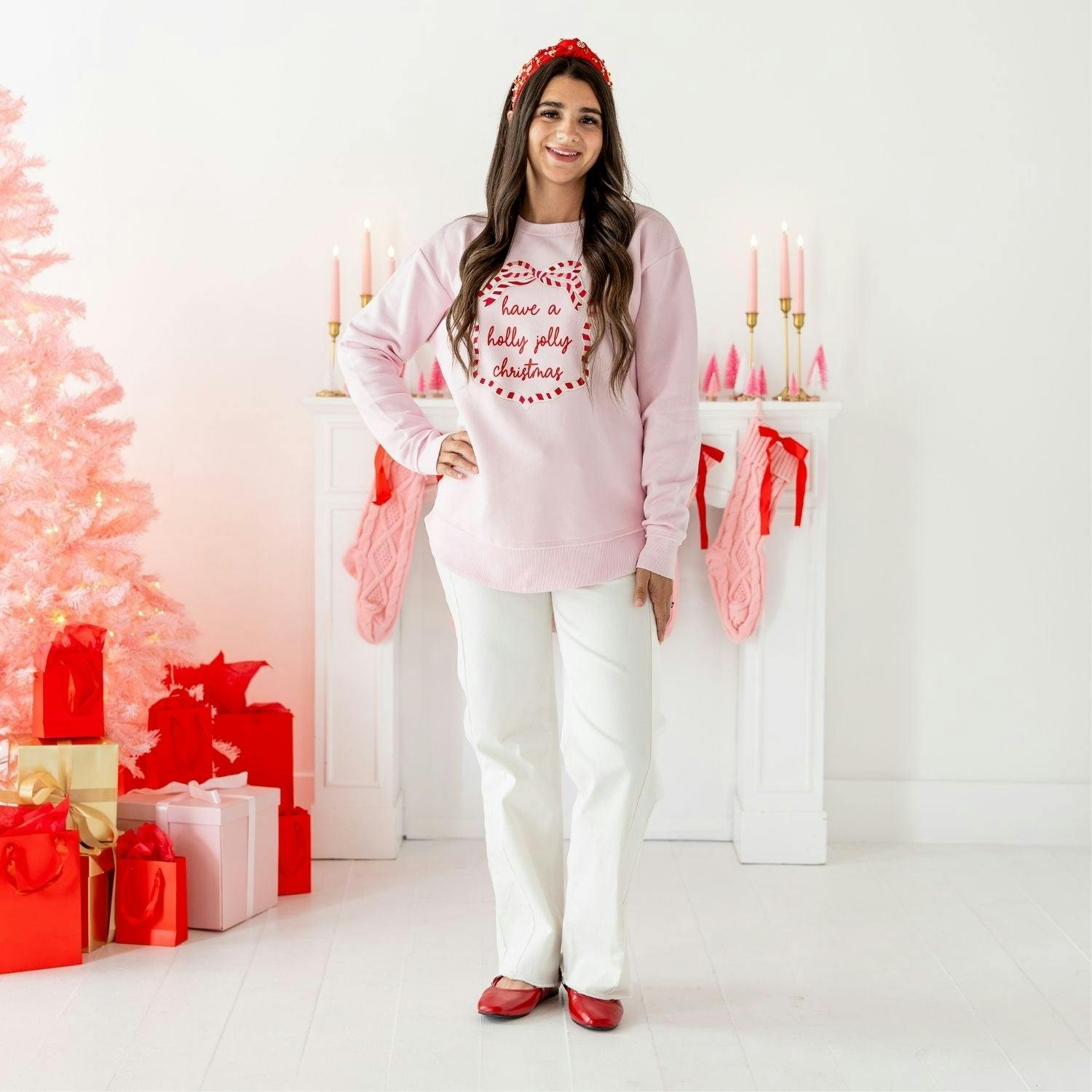 Holly Jolly Christmas Sequin Bow Patch Women's Sweatshirt