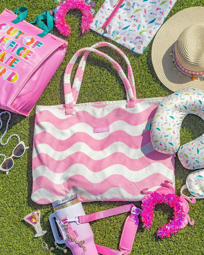 Packed Party Coastal Comfort Pink Scallops 2-in-1 Tote Towel Bag – Wave Print Beach Tote that Unfolds into a 64.5x34 Inch Towel for Beach and Pool Days