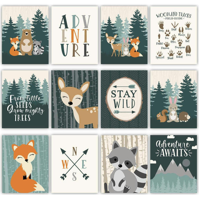 6-Piece Woodland Baby Closet Dividers & 6-Piece Nursery Wall Art Prints Baby Shower Gift