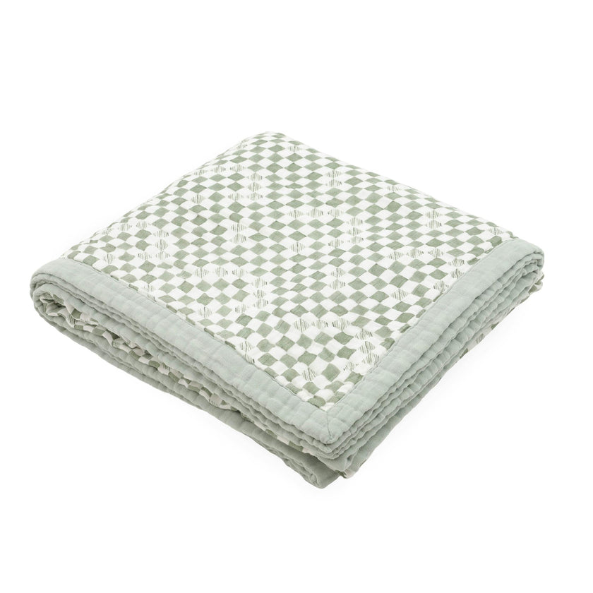 Organic Cotton Muslin Quilted Throw - Green Checker