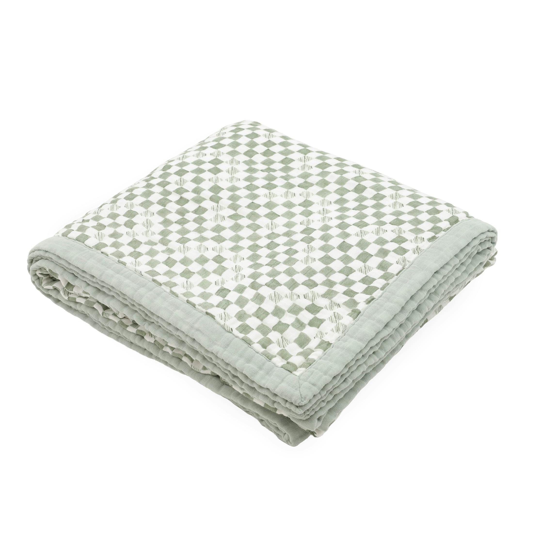Organic Cotton Muslin Quilted Throw - Green Checker