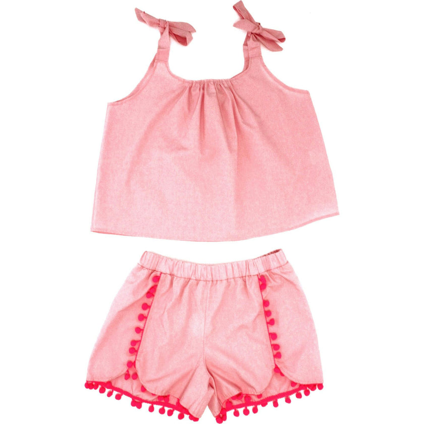 Chiara Set Cotton Two Piece Top and Pants with Pompom Pink
