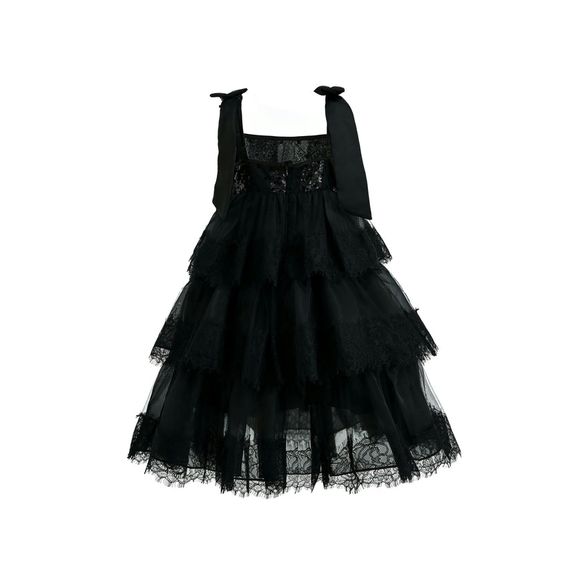 Black Ruffle Sleeveless Bow Dress